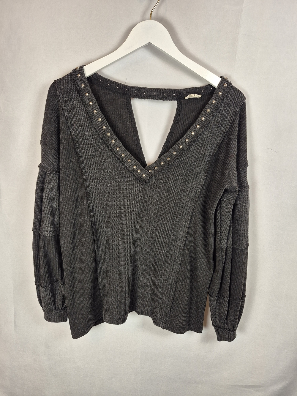 POL Charcoal V-Neck Stud-Trim Pullover Sweater Size S